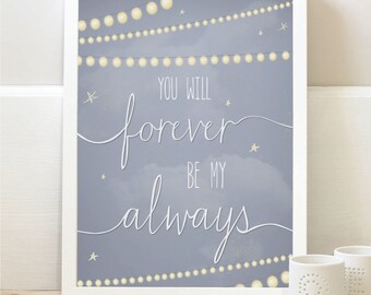 Para siempre mi siempre tipografía fotografía impresión--cadena de luces titilantes estrellas - aniversario perfecto, recién casado, compromiso, ducha regalo