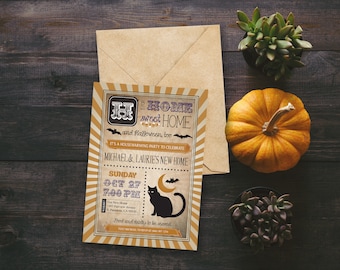 Negro gato y caramelo de maíz Halloween Housewarming tarjeta de invitación - 20 tarjetas planas - invitación de Halloween totalmente personalizable