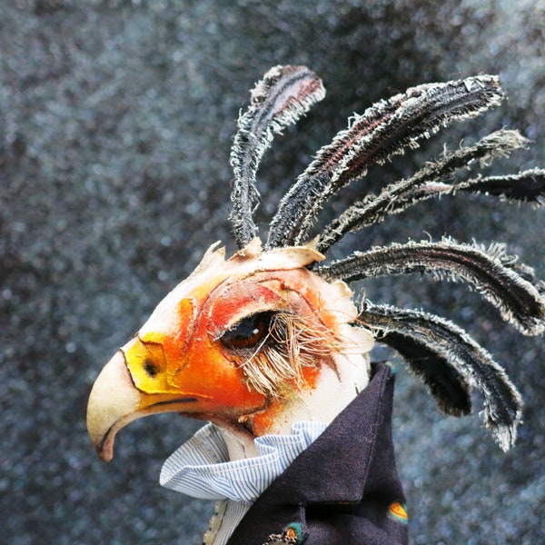 Soft sculpture of a secretary bird looking for its home and love, an original gift for a secretary or clerk, handmade doll