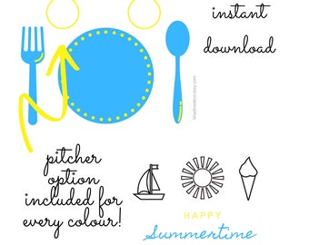 Summertime Printable Placemat for Kids, Practical Life Preschool Place Setting Kids Educational Placemat, DIGITAL DOWNLOAD, Blue and Yellow