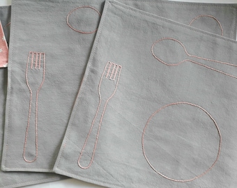 Hand Embroidered Place Setting, Eco-Friendly Dining Mat, Montessori Placemat for Kids, Learn to Set the Table Place Mat