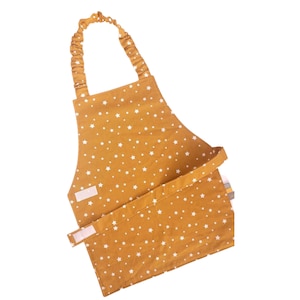 Mustard Stars Montessori Apron for Kids, Preschool Child Apron for Cooking, Charcoal Gray Chef Toddler Gift, 2-7 years Old,