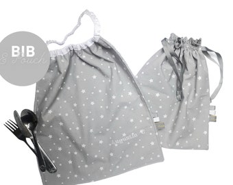 Grey Star Bib & Pouch for Montessori Preschool, Large Baby Girl or Boy Bib Baby Bibs Handmade, Personalised Toddler Gift,