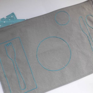 Gray Montessori Placemat with Napkin Placement, Place Setting Montessori Practical Life, Montessori Toddler Scandinavian Modern Placemat, Turquoise