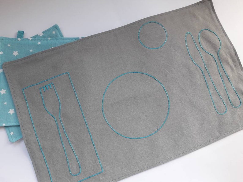 Gray Montessori Placemat with Napkin Placement, Place Setting Montessori Practical Life, Montessori Toddler Scandinavian Modern Placemat, Turquoise