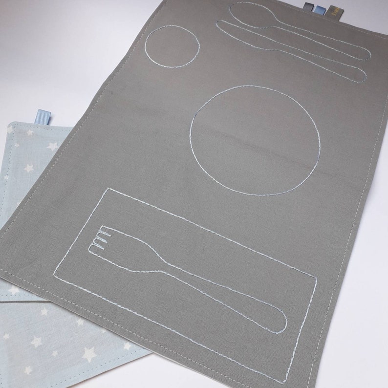Gray Montessori Placemat with Napkin Placement, Place Setting Montessori Practical Life, Montessori Toddler Scandinavian Modern Placemat, Pale blue
