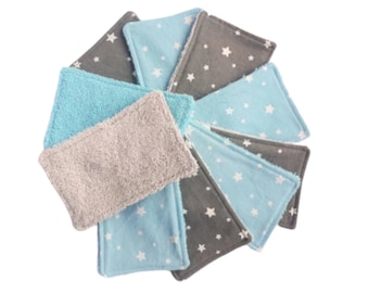 Baby Wash Cloths, 10 Washable Wipes, Zero Waste Facial Cloth Pads, Reusable Cotton Wipes, Eco friendly Gift, Turquoise & Grey, 8×13cm/3×6"