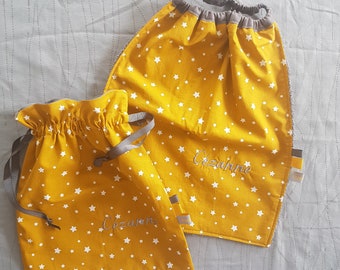 Mustard Star Bib & Pouch for Montessori Preschool, Large Baby Girl Boy Bib, Baby Bibs Handmade, Personalised Toddler Gift,