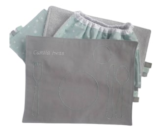 Celadon Baby Bib, Personalised Educational Placemat and Napkin Set with Knife Placement, Montessori Place mats Kids, Toddler Gift,