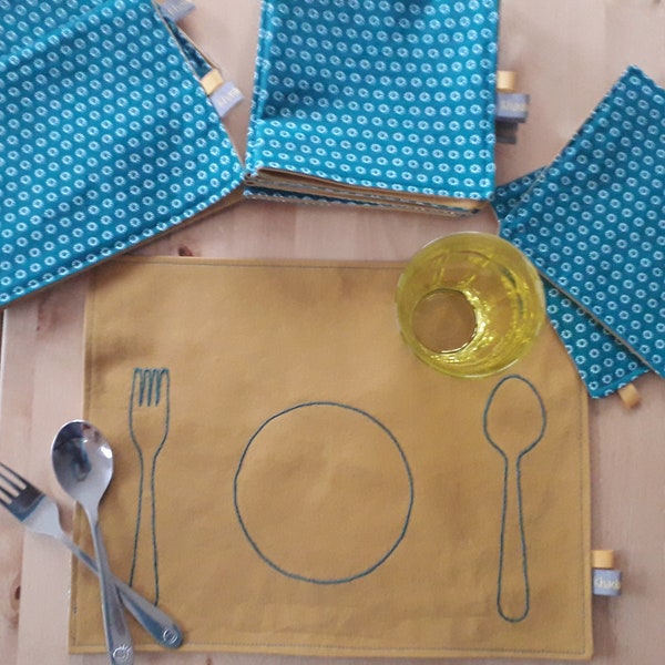 Set de Table Montessori et petites serviettes de table enfant - moutarde et bleu canard