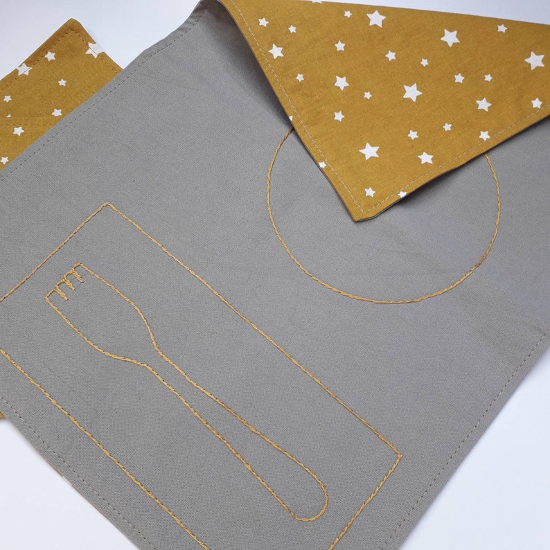 Gray Montessori Placemat with Napkin Placement, Place Setting Montessori Practical Life, Montessori Toddler Scandinavian Modern Placemat, Mustard