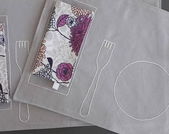 Floral Montessori Placemat with Napkins for Kids, Montessori Gray Baby Cotton Placemats, Practical Life Place Setting for Toddler