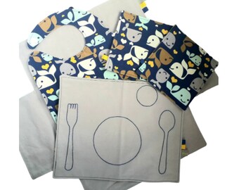 Baby Boy Whales Montessori Weaning Set, Hand Embroidered Baby Boy Montessori Placemat and Hook & Loop Bib, Montessori Baby Boy Gift