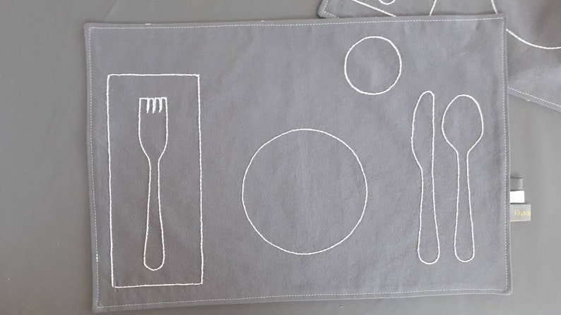 Gray Montessori Placemat with Napkin Placement, Place Setting Montessori Practical Life, Montessori Toddler Scandinavian Modern Placemat, Light gray