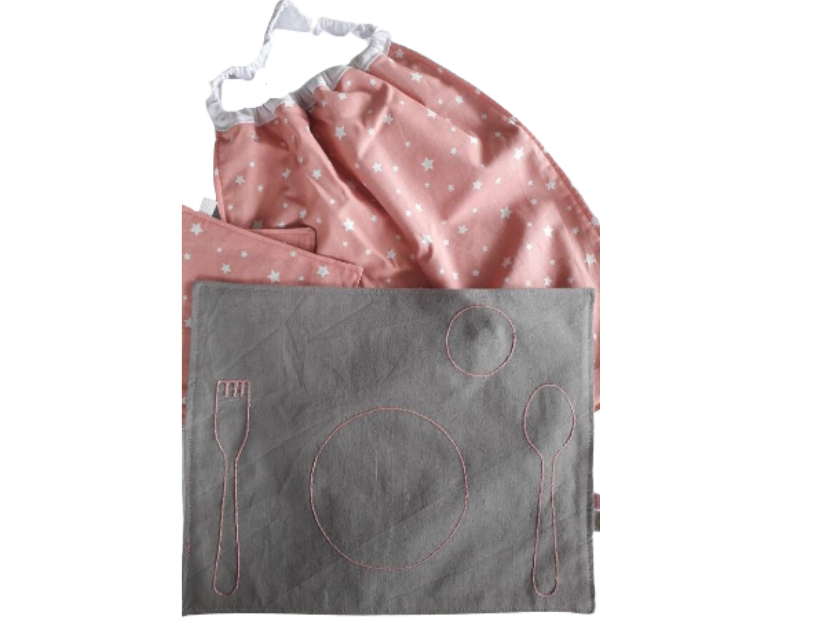 Coffret de Serviettes Table Enfant et Sets Montessori Étoiles Roses, Grand Bavoir Maternelle, Servie