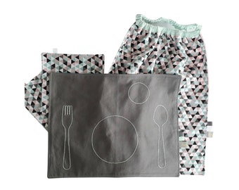 Geometric Pink & Mint Green Baby Bib, Educational Placemats and Napkin Sets, Montessori Place Setting Kids, Toddler Gift,