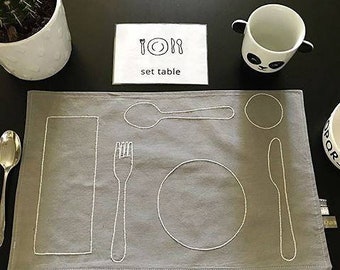 Montessori Toddler Mealtime Placemat Monochrome, Modern Cotton Montessori Placemat, Place Setting Montessori Practical Life,