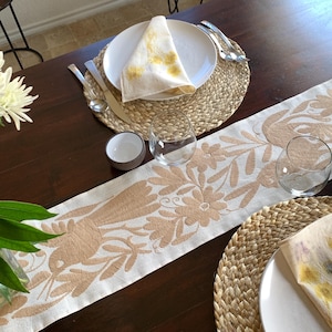Beige Otomi Embroidered Table Runner, 100% Cotton Manta, Mexican Folk Art Bed Runner “Colibri beige”