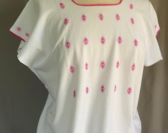 Handmade Mexican Blouse: This unique top is embroidered and handstitched over soft, "Chenalhó Rosa"