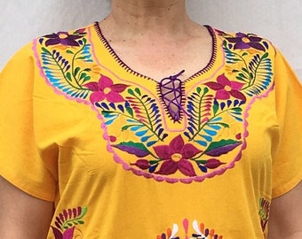 Mexican Dress, Handmade, Multicolored embroidery over yellow "Vestido Colores sobre Amarillo"