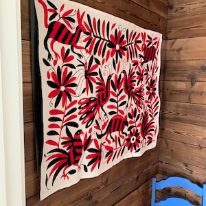 Hand Embroidered Otomi tapestry or table decor, colorful and beautiful &quot;Negro y Rojo)
