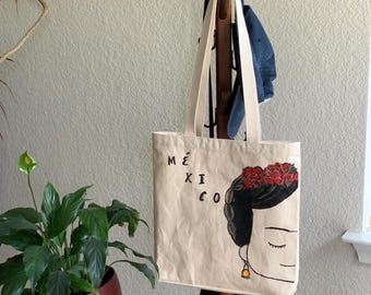 Hand Painted Tote Bag: Mexican Design Cotton Canvas, Long Strap