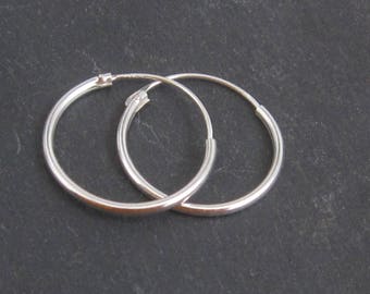 Sterling Silver Fine Hoop Earrings. 16mm. Hinge Clip Closure