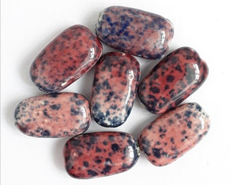 7 handmade ceramic flat irregular oval shaped beads. Jewellery making beads. 33mm x 19mm x 12mm.