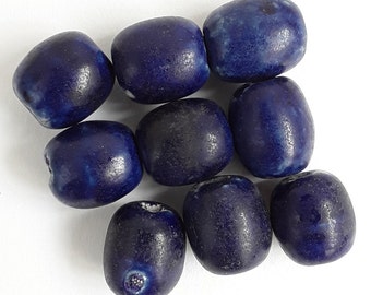 9 Loose beads. 9 handmade blue vintage ceramic beads. 17mm x 14mm.