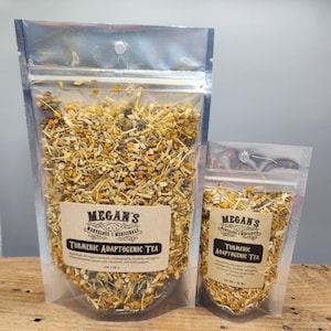 “Organic Turmeric Adaptogenic Tea loose leaf blend in resealable pouch”