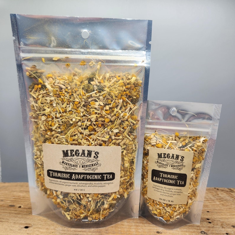 “Organic Turmeric Adaptogenic Tea loose leaf blend in resealable pouch”