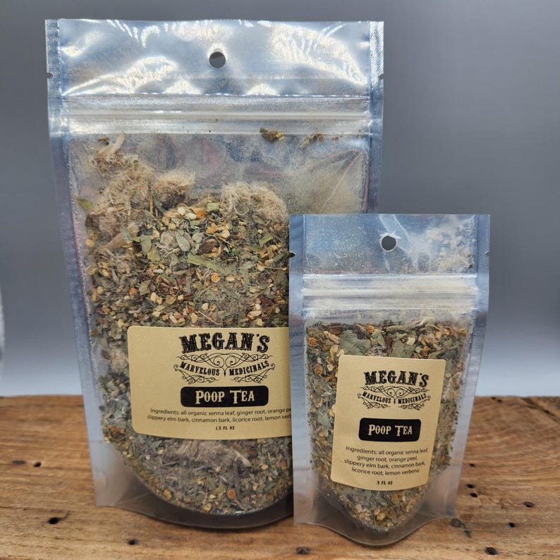 “Organic Poop Tea loose leaf senna herbal blend in resealable bag”