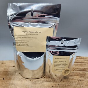 “Peppermint tea packaging with brewing instructions and bag sizes”
