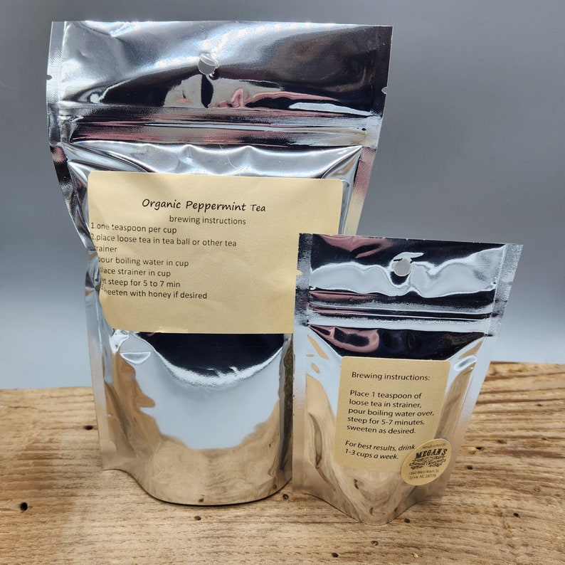 “Peppermint tea packaging with brewing instructions and bag sizes”