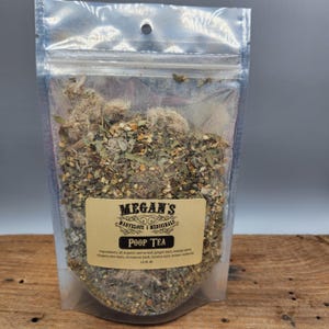 "Close up of Poop Tea herbal ingredients: senna leaf, ginger root, orange peel, cinnamon bark”