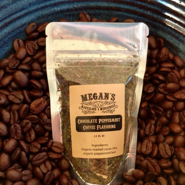Chocolate peppermint coffee flavoring, organic, flavored coffee, organic herb, organic roasted cocoa nibs, iced coffee chocolate mint coffee