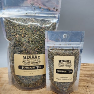 “Organic pure peppermint loose leaf tea in clear resealable bag with label”