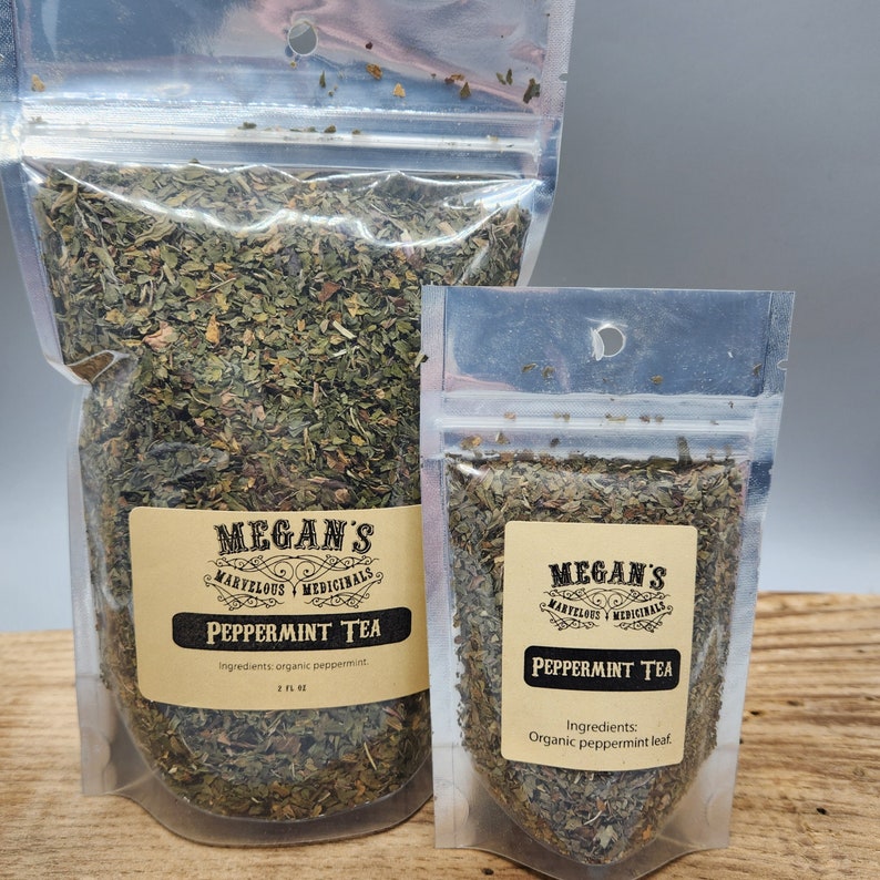 “Organic pure peppermint loose leaf tea in clear resealable bag with label”