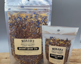 Dragon's Hoard Tea, organic loose leaf tea, red rooibos, rosehips, elderflowers, calendula, cornflower, beautiful, Elder Dragon, treasure