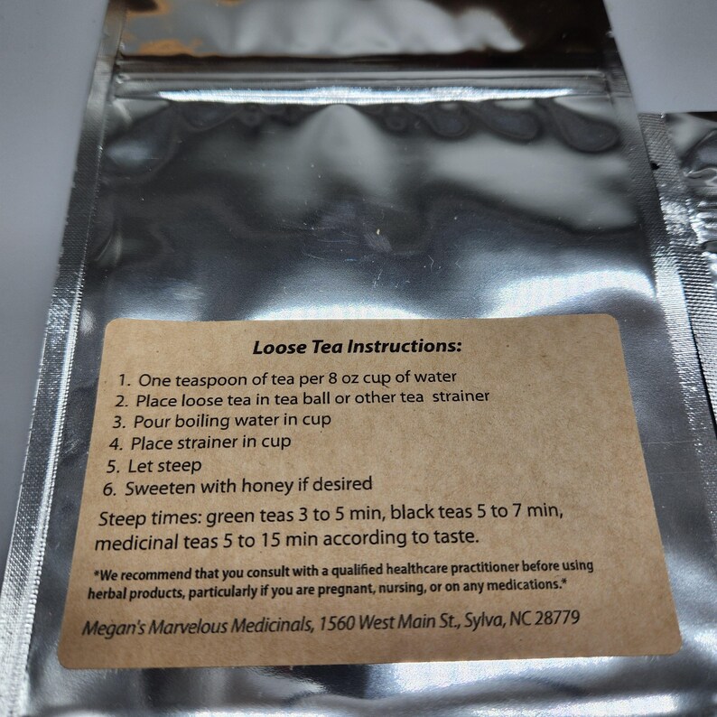 close up of brewing instructions for megans marvelous medicinals turmeric adaptogen tea