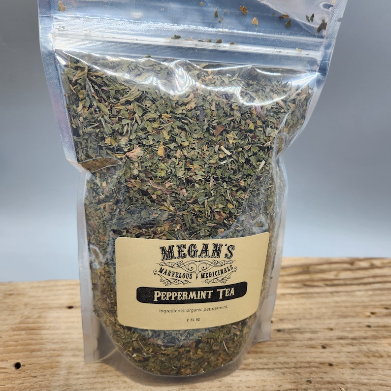 “Close up of dried organic peppermint leaves for herbal tea brewing”