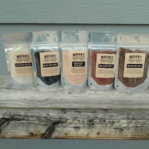 Salt Sampler Set, Red Alaea Salt,  Black Lava, French Grey, Smoked Sea Salt, Himalayan Pink, food use, stunning, mellow flavor,