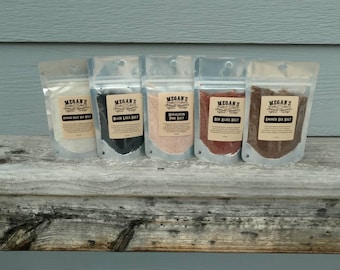 Salt Sampler Set, Red Alaea Salt,  Black Lava, French Grey, Smoked Sea Salt, Himalayan Pink, food use, stunning, mellow flavor, 2 oz of each