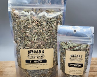Vitali-tea, all organic, oat tops, alfalfa, nettle leaf, plantain leaf, lemongrass, well being, vitality, cleansing, energy, tonic