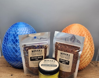 Dragon Egg Gift Set – Herbal Self-Care & Culinary Adventure Box with Dragon’s Gold Salve, Fire Spice, Hoard Tea, 3D Printed Dragon Egg