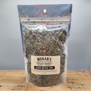 “Organic herbal tea ingredients in resealable bag labeled liver detox tea”