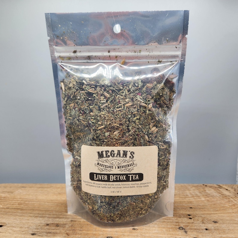 “Organic herbal tea ingredients in resealable bag labeled liver detox tea”