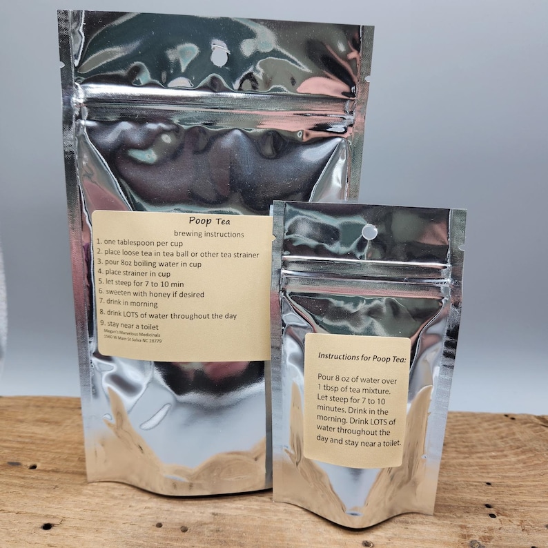 “Poop Tea packaging with brewing instructions and resealable pouch”