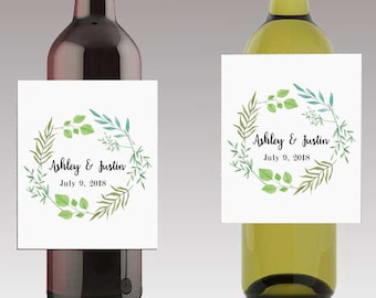 Summer Leaves on wreath Wedding Beer or Wine Bottle Labels Great for Engagement Bridal Shower Party self stick easy to use labels