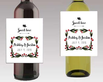 Sweet Love Wine / Beer Bottle Labels Great for Engagement Bridal Shower Party self stick easy to use Labels Floral wreath frame